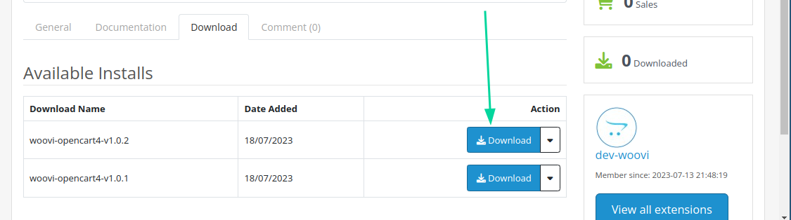 Página da extensão com o botão de Download